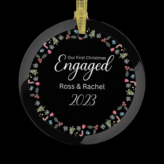 Our First Christmas Engaged - Glass Ornament To Commemorate Your Engagement, Engagement Ornament Gift Christmas Border