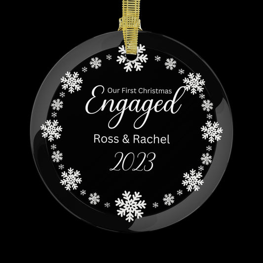 Our First Christmas Engaged - Glass Ornament To Commemorate Your Engagement, Engagement Ornament Gift White Snowflakes