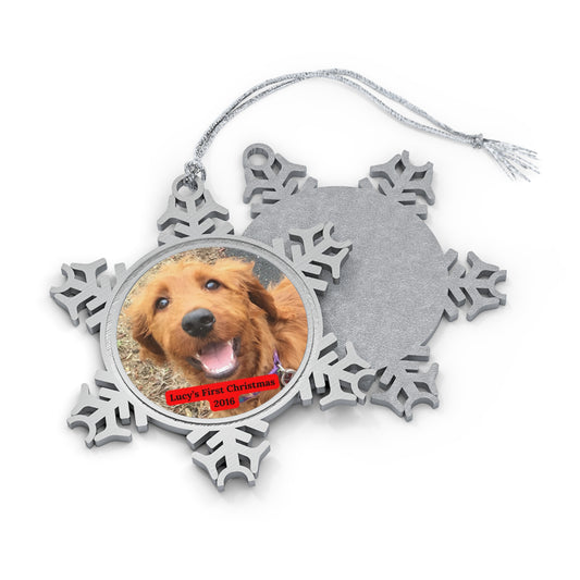 Pet Picture Frame First Christmas Ornament - Pewter Snowflake - Pet's First Christmas Ornament, Customized Pet Ornament With Name & Year