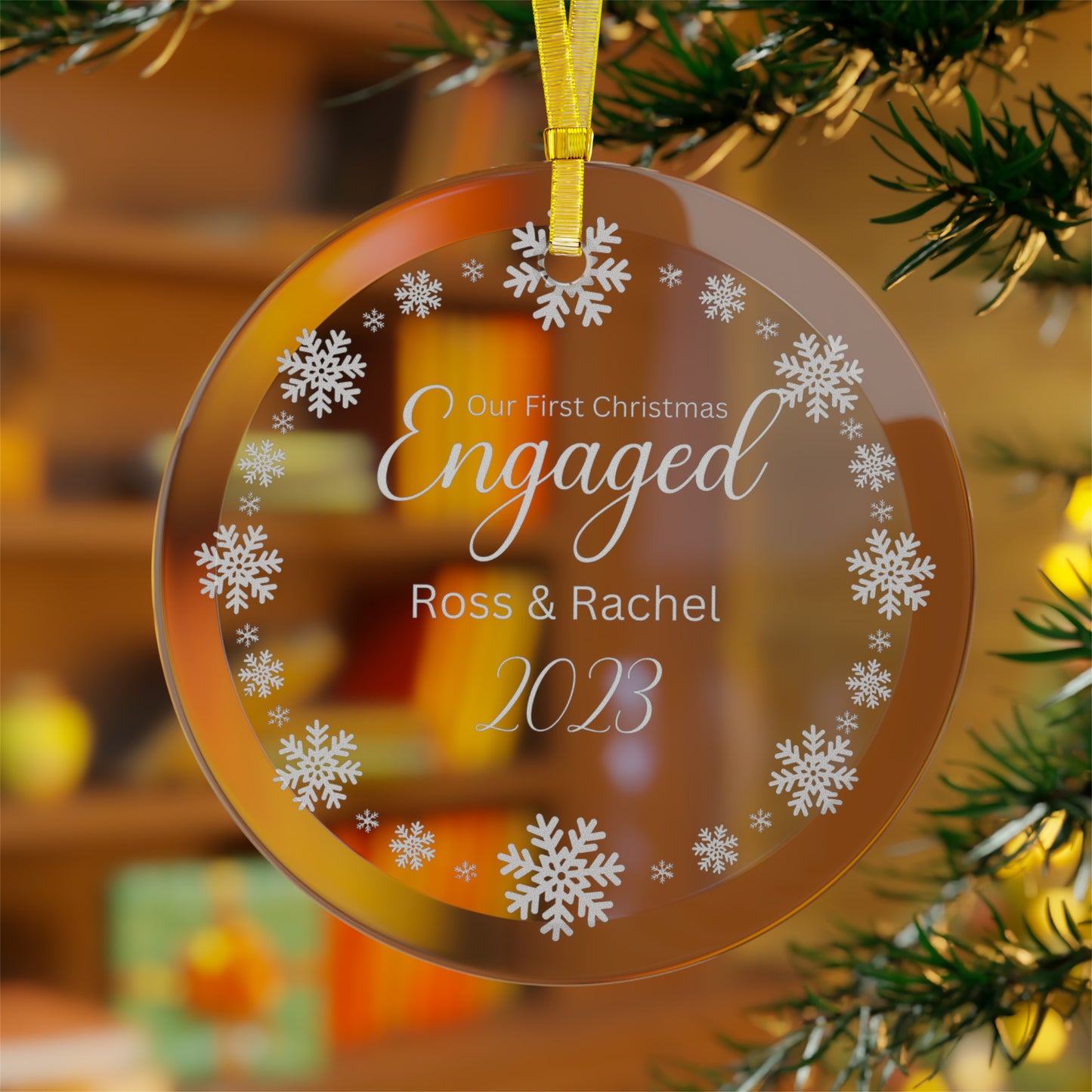 Our First Christmas Engaged - Glass Ornament To Commemorate Your Engagement, Engagement Ornament Gift White Snowflakes