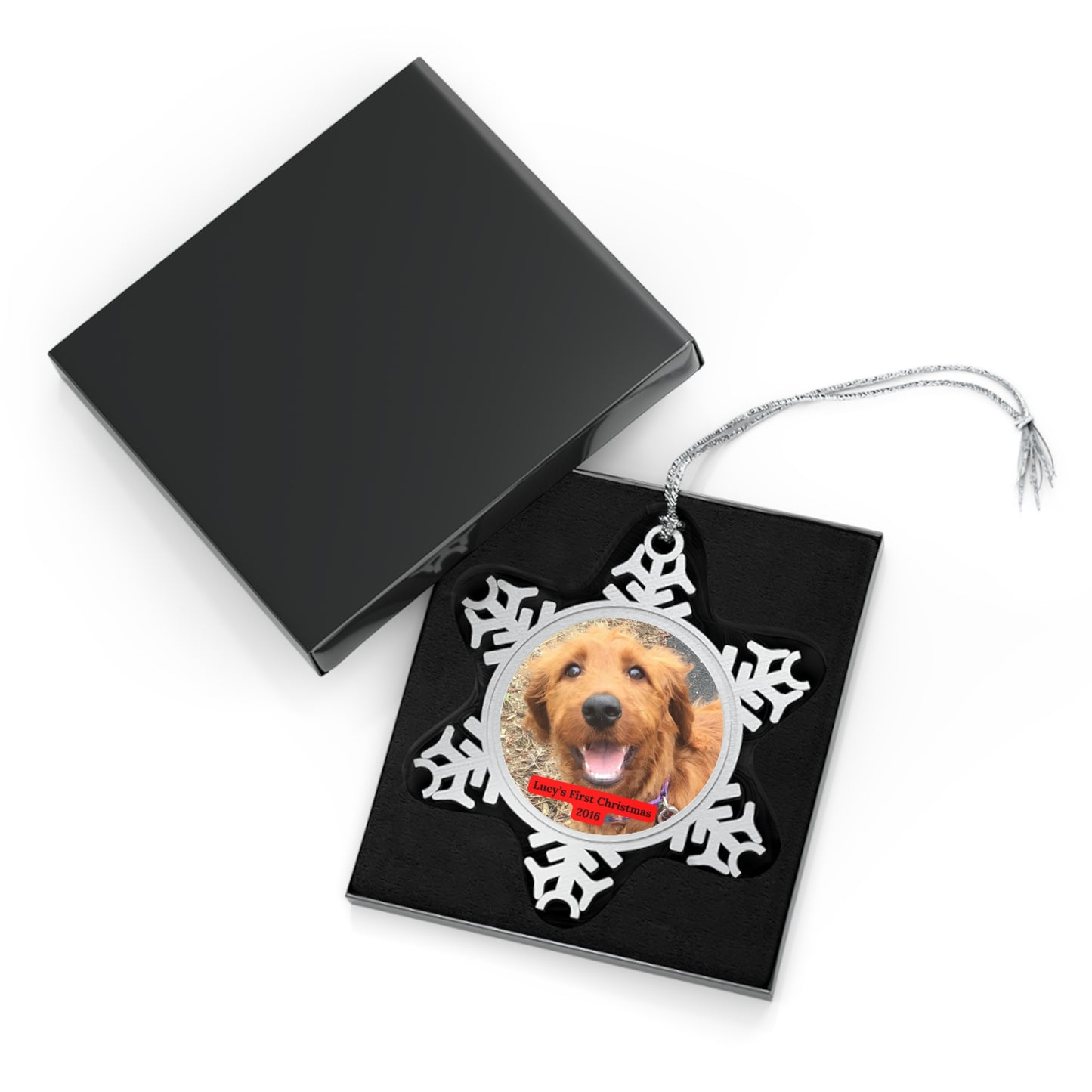 Pet Picture Frame First Christmas Ornament - Pewter Snowflake - Pet's First Christmas Ornament, Customized Pet Ornament With Name & Year